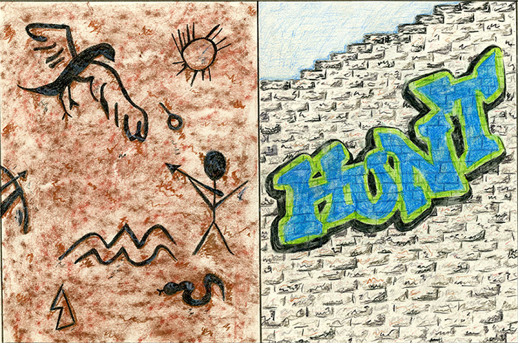 Cave man art illustration of a big bird being hunted next to the word hunt graffiti painted on a gray brick wall illustration