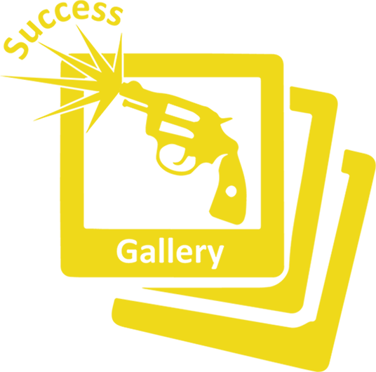 gold icon to represent gallery consisting of stacked images with a gun going off with the words success and gallery written on the top image of stack