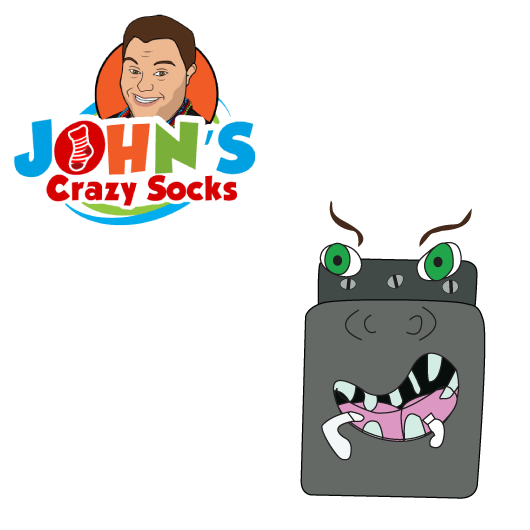 John's Crazy Socks logo with washing machine character on a transparent background