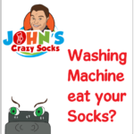 Image of John's Crazy Socks with a washing machine character and the question of Washing Machine eat your socks?