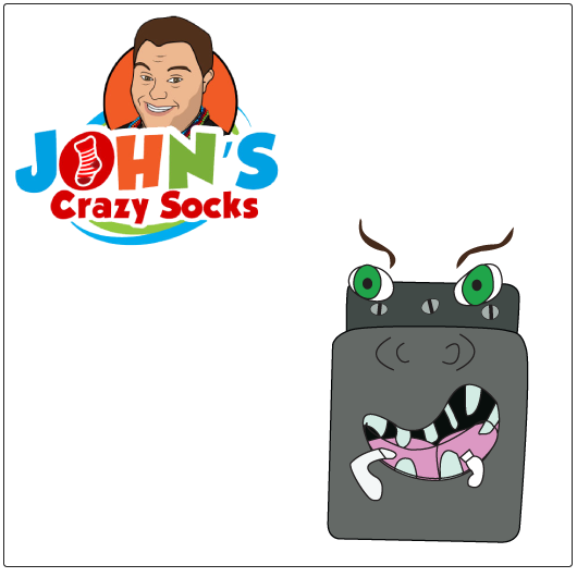 Image of john's crazy socks logo and a washing machine character