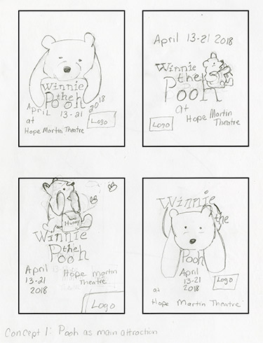 Image of four thumbnails that all focus around Pooh being the focal point of design