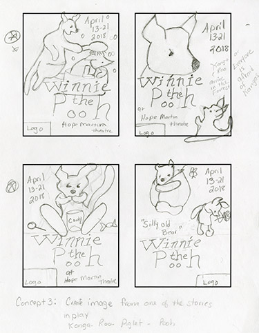 Four thumbnails based off the story lines of the production with Kanga giving Piglet a bath, Roo eating too much candy, and everyone being afraid of kangas.