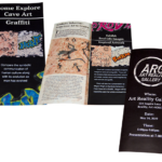 Front and back cover along with part of inside of brochure for a art reality gallery showing illustration of cave art and graffiti