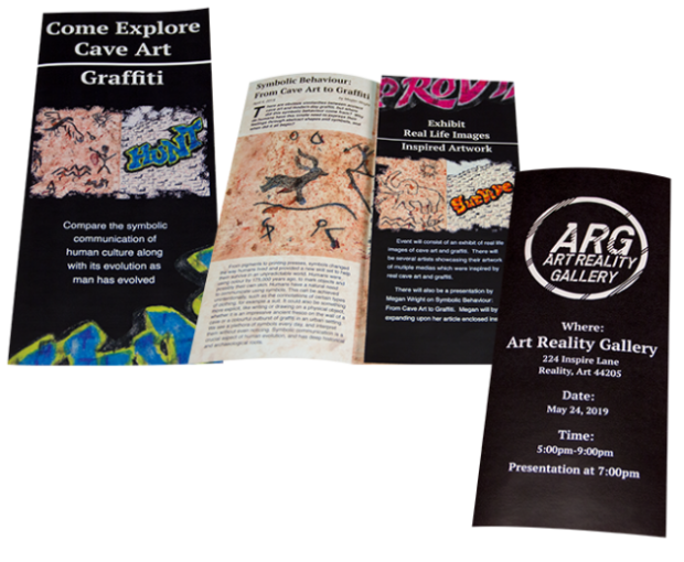 Front and back cover along with part of inside of brochure for a art reality gallery showing illustration of cave art and graffiti