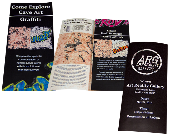 Front and back cover along with part of inside of brochure for a art reality gallery showing illustration of cave art and graffiti