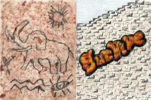 Colored pencil illustration of a cave art picture of hunter and huge elephant and on the other side the graffiti word survive on a gray brick wall