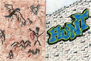 color pencil illustration of a cave art picture of a hunting of huge bird and the word Hunt graffiti on a gray brick wall on the other side